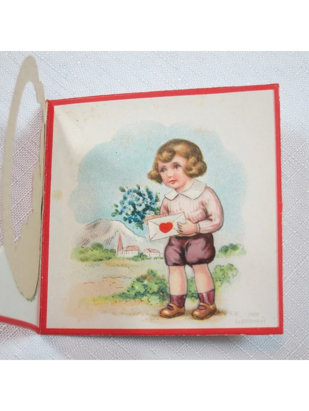 Vintage Valentine Card 1929 Fold Out Country Boy & Girl w/ Flowers Heart Germany